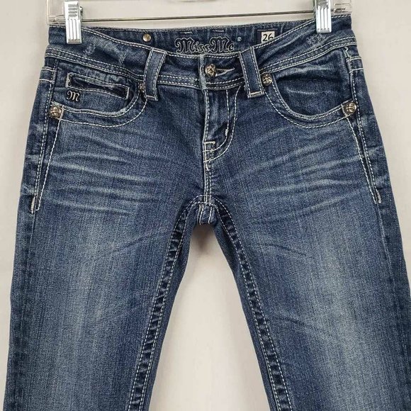 Miss Me Womens Capri Jeans Blue Stretch Embroidered Dark Wash Low Rise Denim 26 - Picture 6 of 12